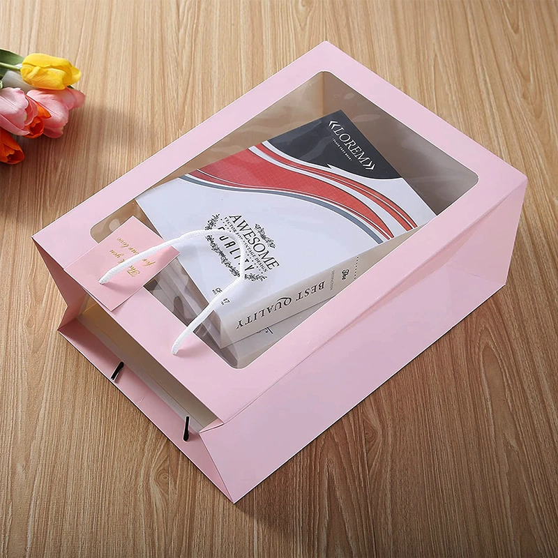 Custom Printed Premium Pink Packaging Gift Paper Bag with PVC Window Factory Cosmetic Paper Bag